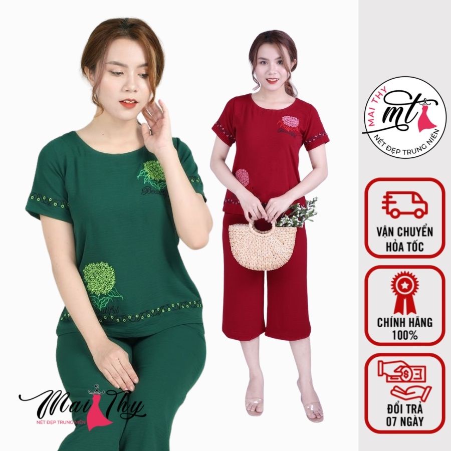 Đồ Mặc Nhà S820, Bộ Lửng Trung Niên Nữ Cho Mẹ Mặc Nhà Cổ Tròn Chất Đũi Thêu Hoa Mềm Mịn Mát | Thời Trang Trung Niên U40+
