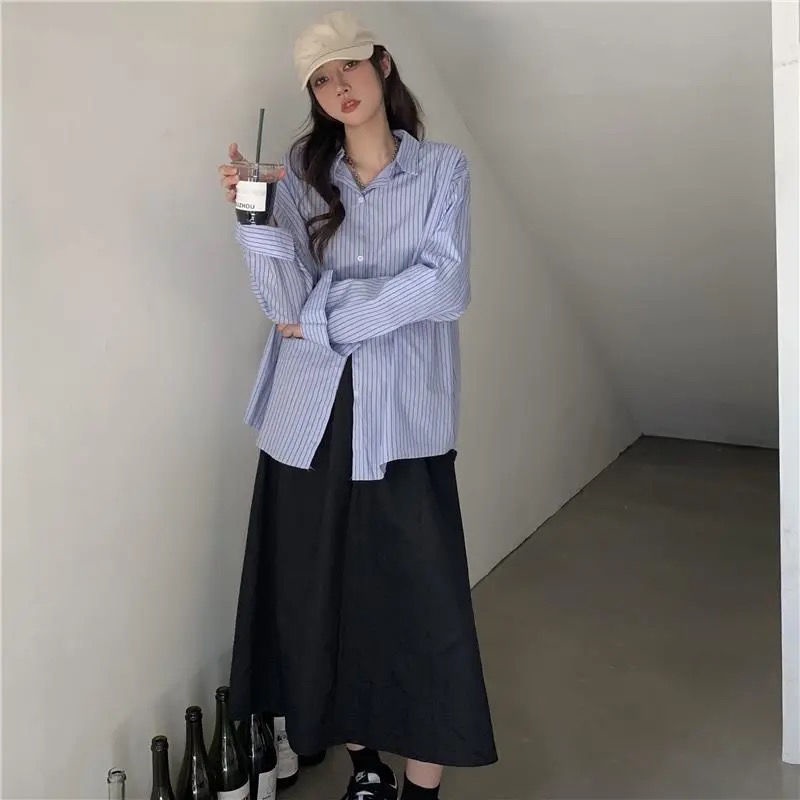 Áo Sơ Mi Tay Dài Dáng Rộng Họa Tiết Kẻ Sọc Thời Trang Pháp 2022 Mới