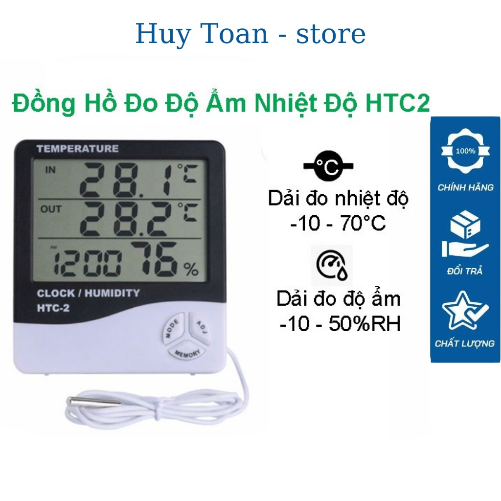 Nhiệt ẩm kế kiêm đồng hồ báo thức cảm biến nhiệt độ và độ ẩm HTC-2 với 2 cảm biến trong và ngoài