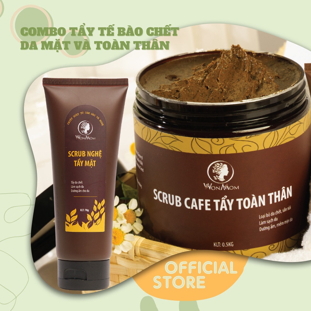 Bộ đôi tẩy da chết hữu cơ an toàn Wonmom (1 Scrub Cafe tẩy toàn thân + 1 Scrub Nghệ tẩy mặt) (Việt Nam)