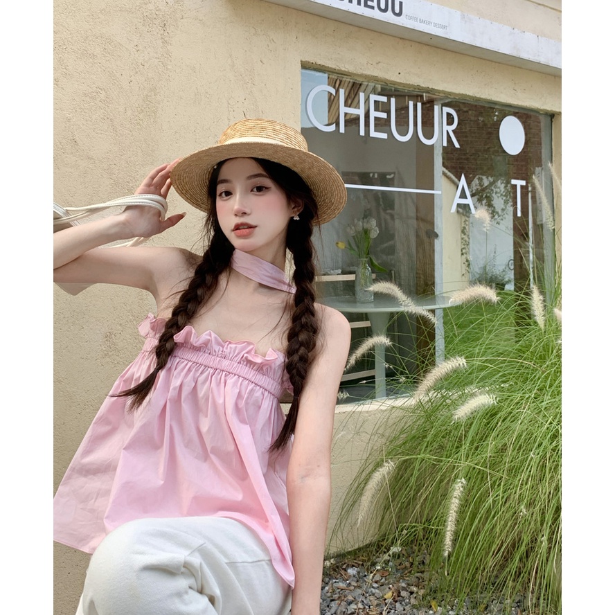 Áo trễ vai, áo kiểu nữ phối dây chồng cổ hở lưng viền bèo, croptop mặc đi chơi, đi biển, siêu xinh, AO005
