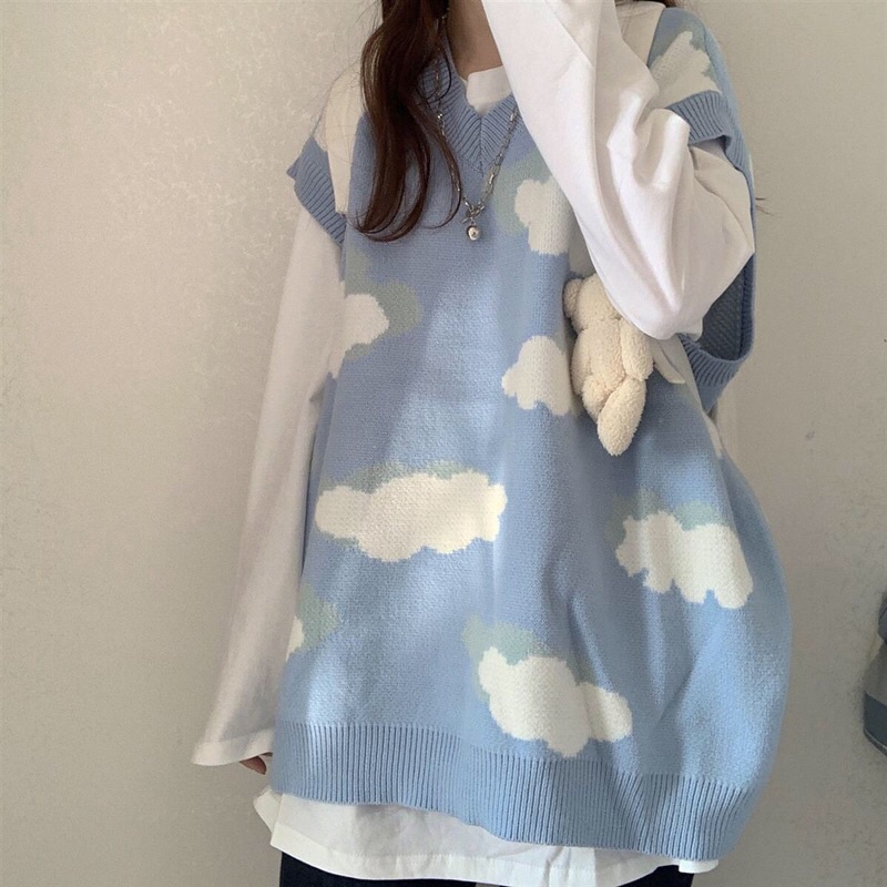 Áo gile len dệt kim cổ chữ V hình đám mây đáng yêu