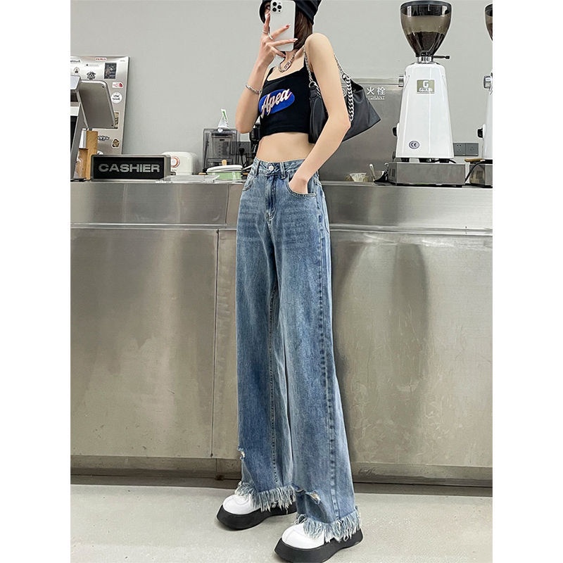 Jiashucheng Quần Jean Nữ Ống Rộng Lưng Cao Phối Tua Rua Phong Cách Harajuku Đường Phố