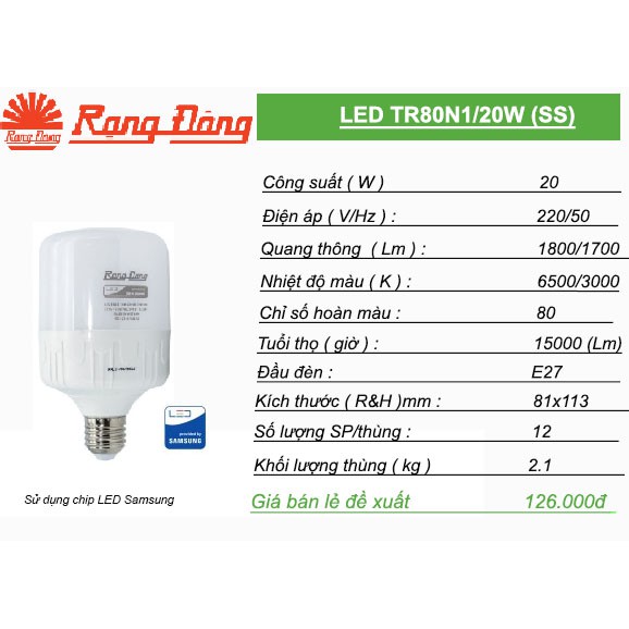 Bóng LED Trụ Rạng Đông 20W ( Chip LED Samsung )