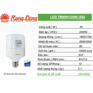 Bóng LED Trụ Rạng Đông 20W ( Chip LED Samsung )