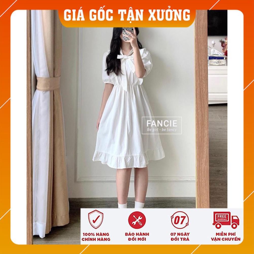 [FREESHIP] Đầm Nữ Trắng Vai Bèo Cộc Tay Buộc Nơ 🦋 Váy Nữ Chất Đũi Dáng Xòe 🦋