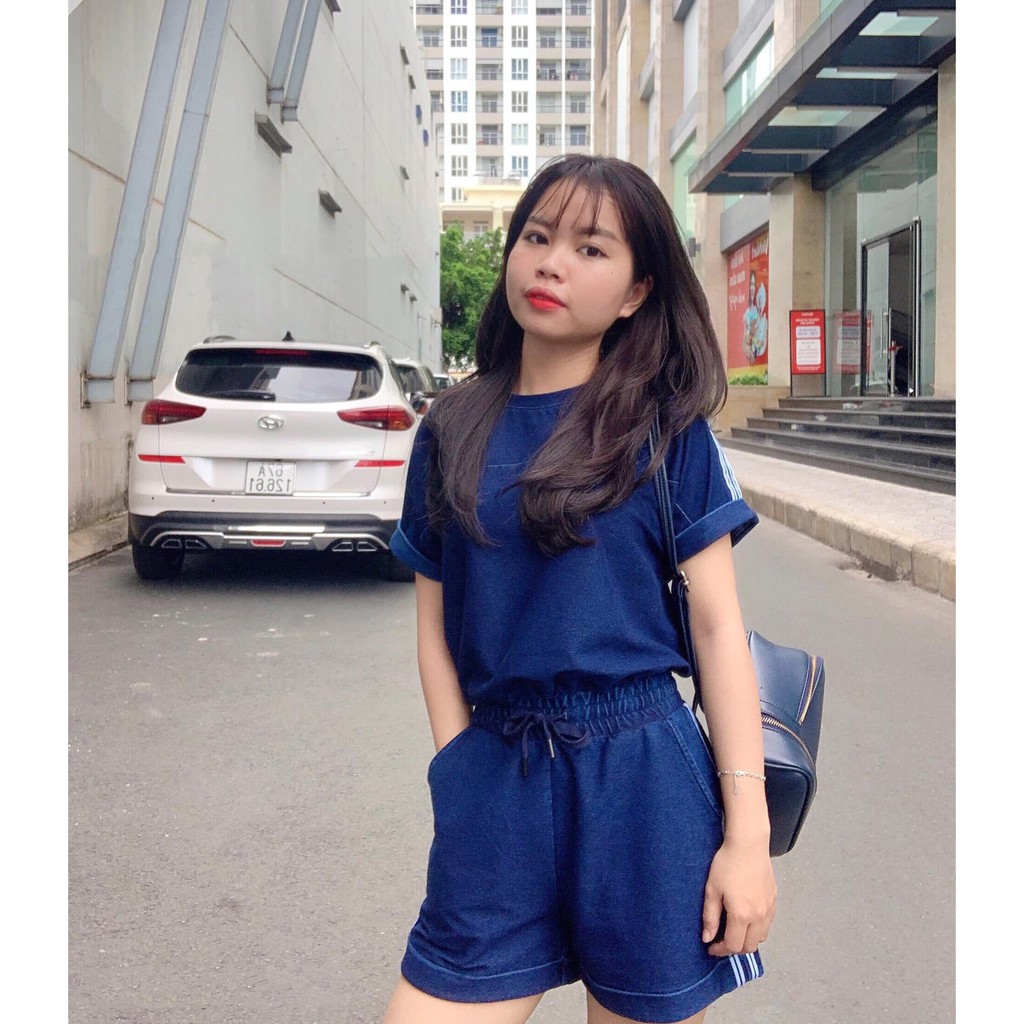 [Mã LTP50 giảm 50000 đơn 150000] Bộ đồ Jean áo ngắn tay, quần short, phối dây dệt, bo chun gấu Emspo SMS2608 - QS1248