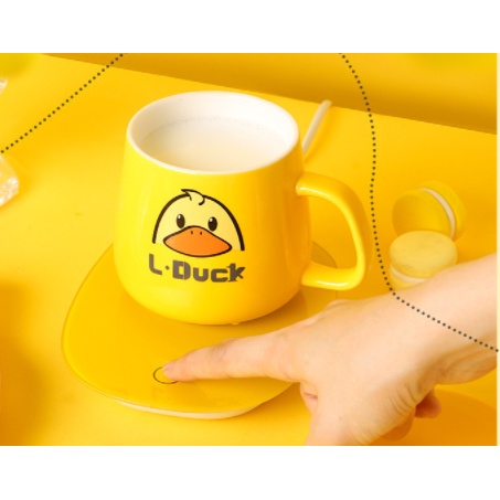 Cốc Hâm Nóng đồ uống Vịt vàng kèm đế điện hâm nóng trà, cafe, hâm sữa + Tặng kèm thìa vàng, hộp sang trọng