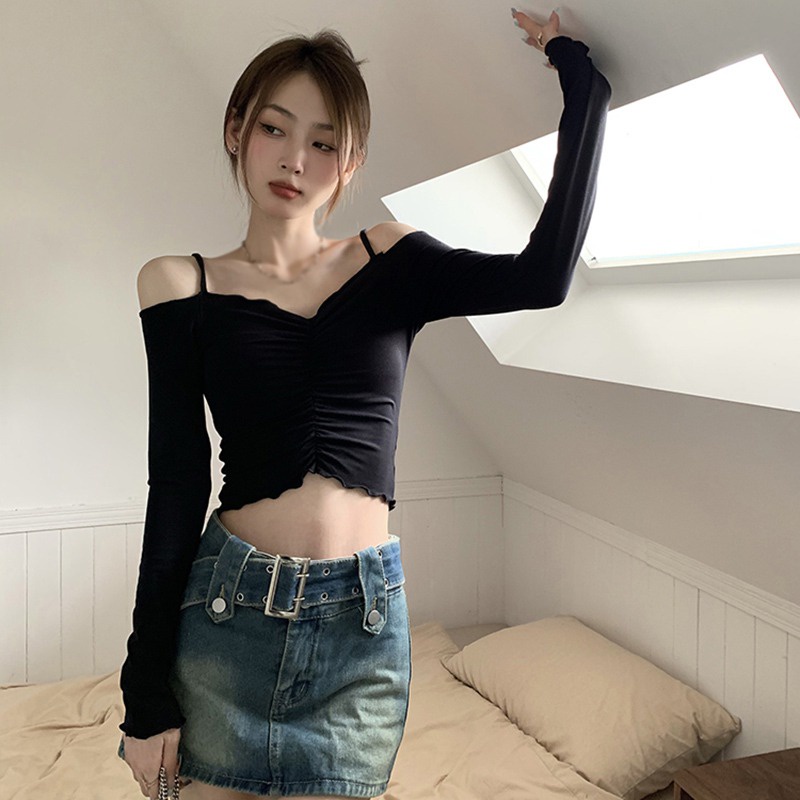 Áo Thun Tay Dài Màu Sắc Trơn Dáng Ôm Phong Cách Hàn Quốc Quyến Rũ Dành Cho Nữ