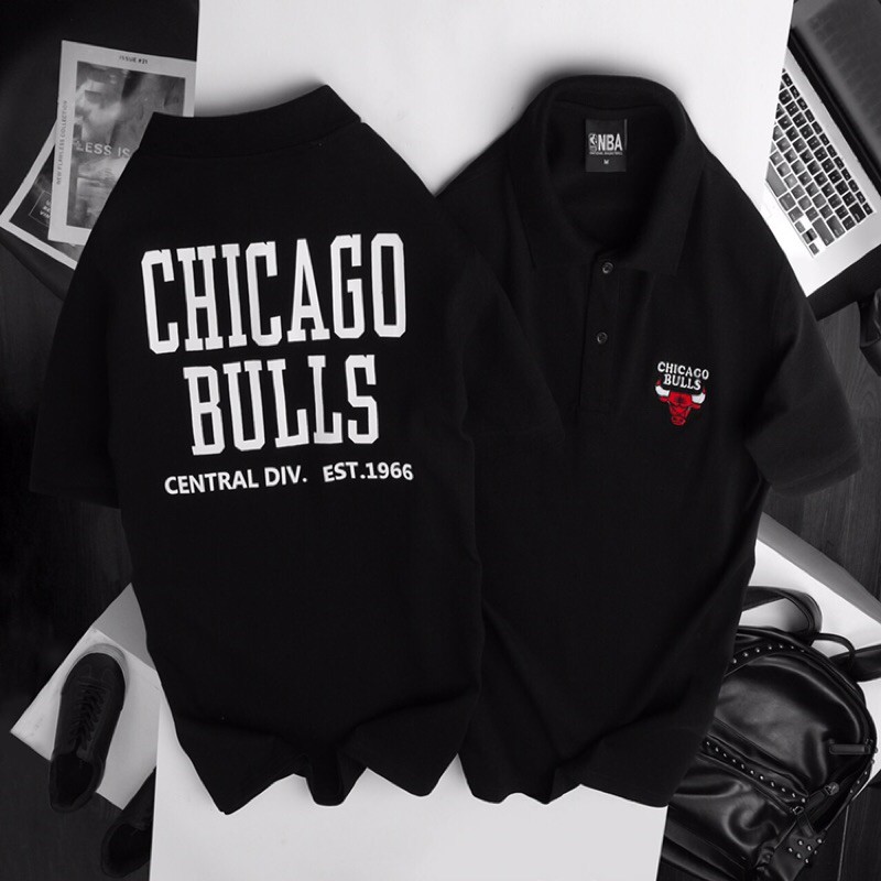 (2 màu) Áo thun cotton cao cấp NBA Chicago Bulls thêu logo