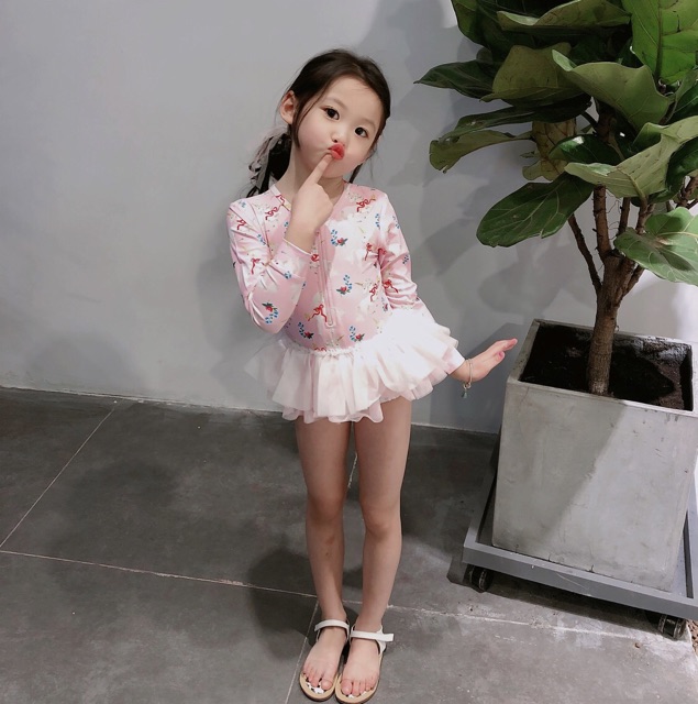 Bộ bơi liền dài tay kèm mũ dành cho bé gái đi biển mùa hè  mã C12 đồ bơi bé gái dài tay kín đáo