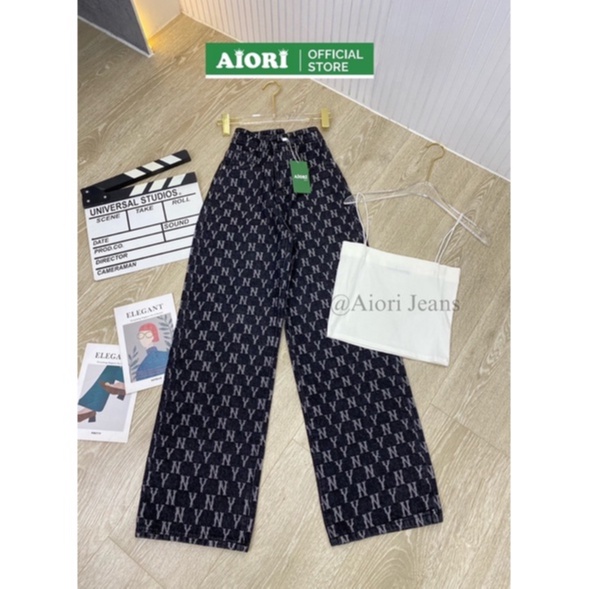 Quần Jean Ống Rộng AIORI Lưng Cao Họa Tiết NY Thời Trang Hàn Quốc_Mã E004