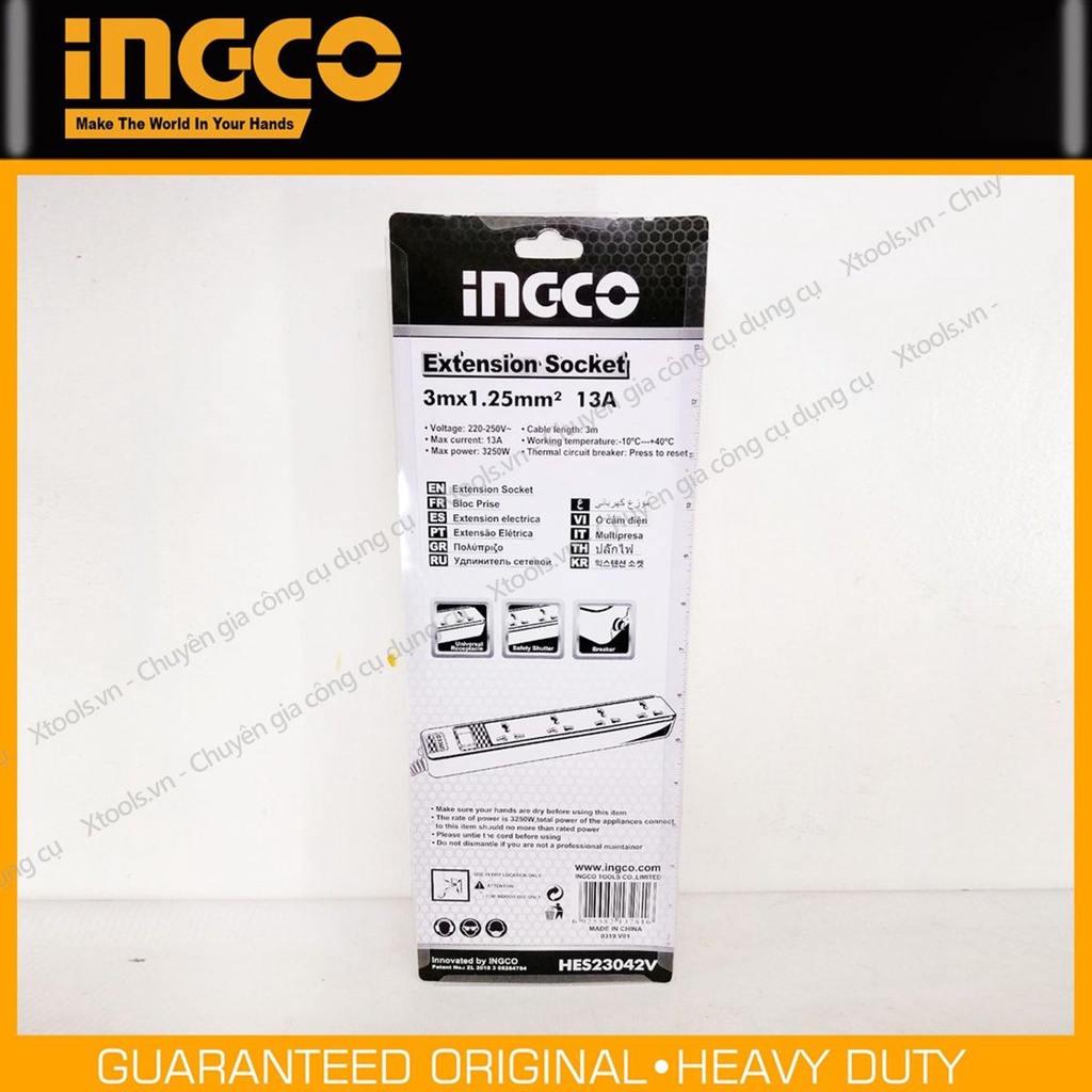Ổ Cắm Điện Đa Năng INGCO HES23042V ổ cắm 1 công tắc 13A chịu tải 3250W Dây đồng 3m chống cháy, quá tải, chống giật