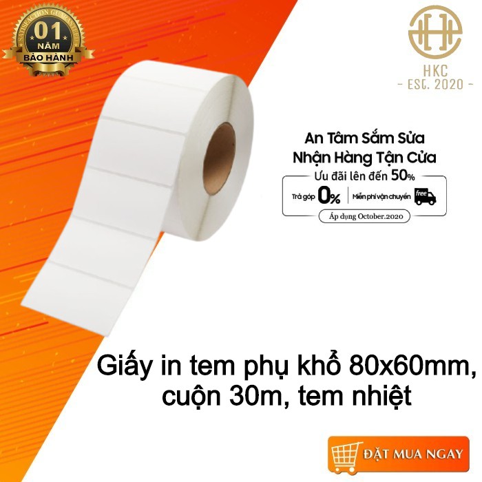 Giấy In Tem 80x60 mm - 8x6 cm (Cuộn 30 Mét)