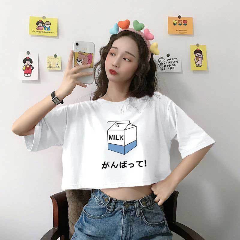 Áo Thun Crotop Form Rộng Tay Ngắn Chất Cotton Mền Mại In Hộp Sữa Nhật Bản Ulzzang Style Hàn Quốc TTT0112