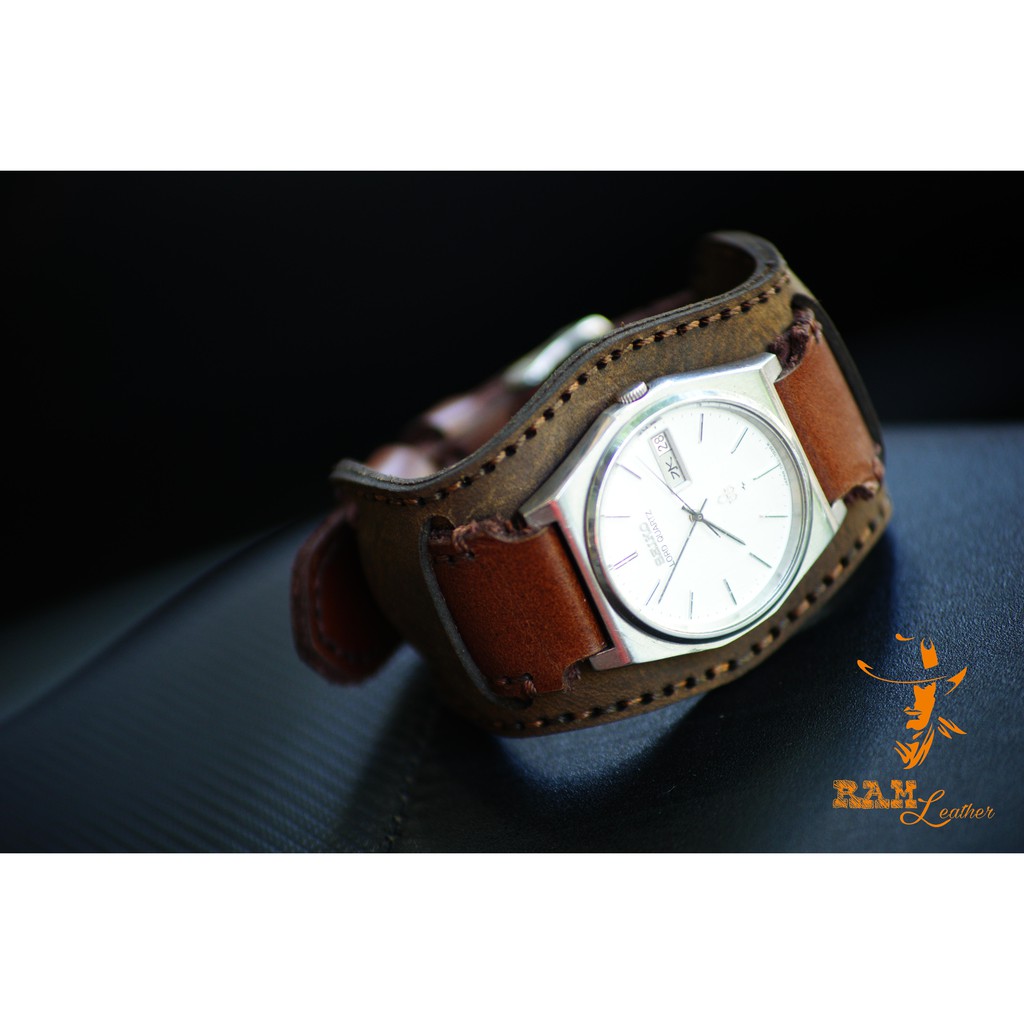 Combo dây đồng hồ da bò nâu đỏ kiểu quân đội cực đẹp RAM Leather B2 1980 - tặng khóa chốt và cây thay dây