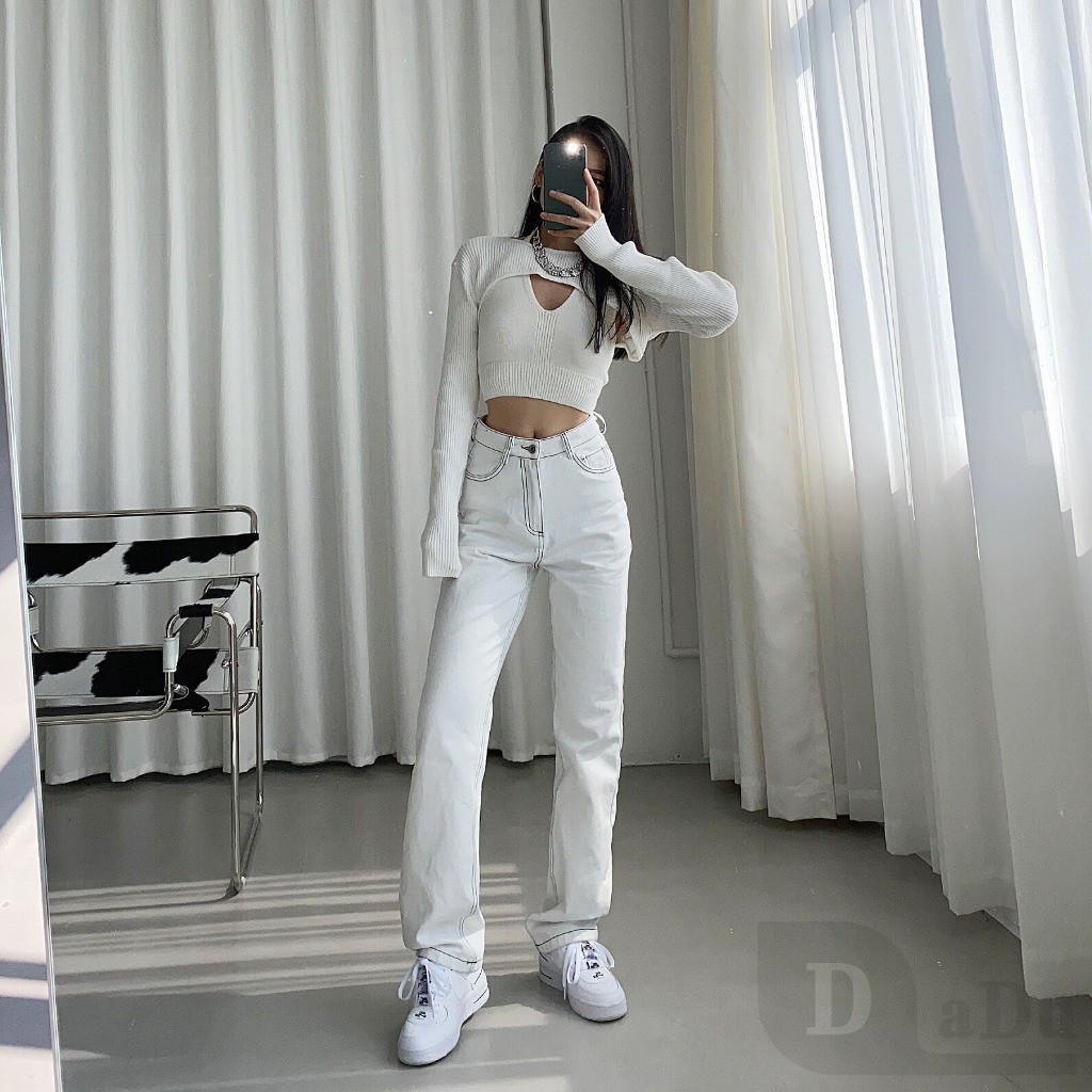 Daduhey Quần Jeans Dài Lưng Cao Ống Rộng Thời Trang Hàn Cá Tính Cho Nữ