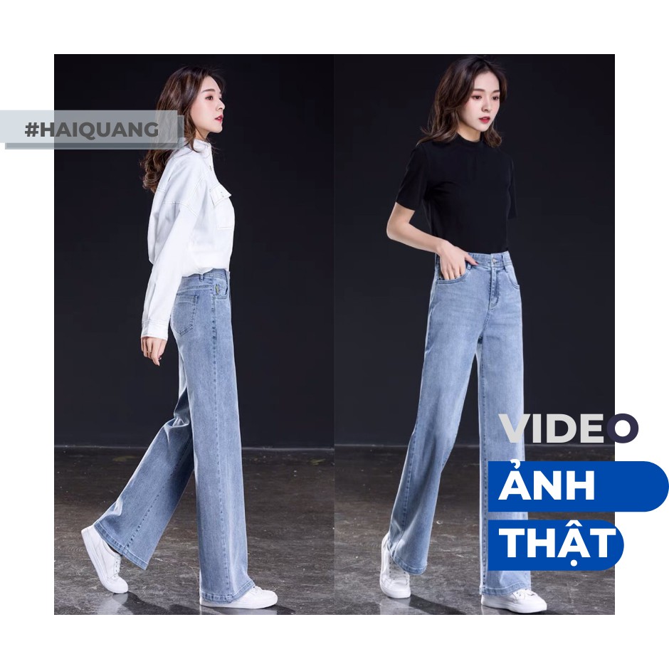 QUẦN BÒ ỐNG RỘNG, QUẦN JEAN UỐNG SUÔNG HAIQUANG CHẤT JEAN MỀM CẠP CAO TÔN DÁNG MÀU XANH NHẠT 1 KHUY -MÃ HQ 101