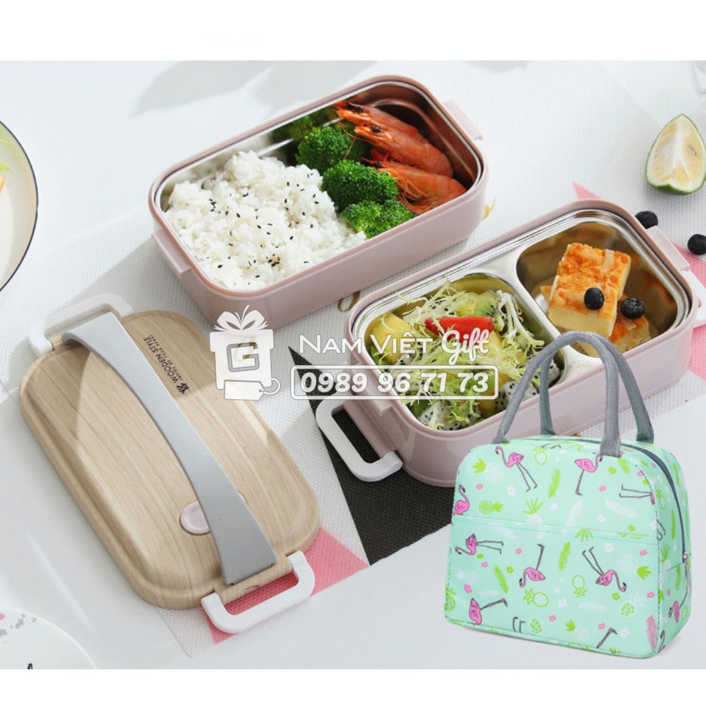Hộp Cơm Trưa Cách Nhiệt 2 Tầng Inox 304 Kèm Túi Giữ Nhiệt - Hộp Cơm Nắp Gỗ Phong Cách Nhật 2020