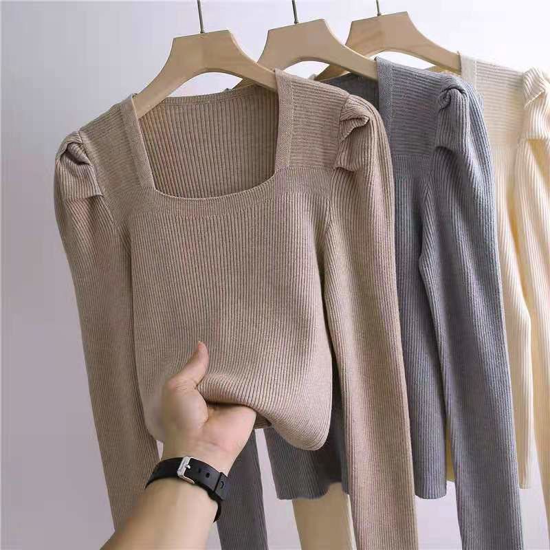 Áo sweater Dệt Kim Cổ Vuông Tay Phồng Thời Trang Thu Đông Mới