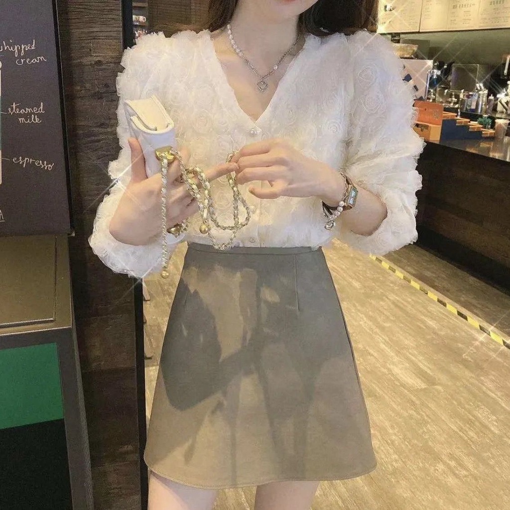 Áo Sơ Mi Dài Tay Cổ Chữ v Thiết Kế Mới Ngọt Ngào Thời Trang