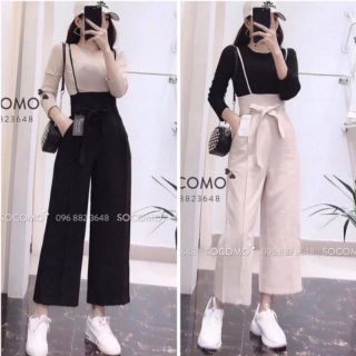 SET YẾM QUẦN CẠP CAO ỐNG RỘNG, ÁO THUN LEN PULL TAY DÀI KÈM THẮT LƯNG NƠ, VIDEO + ẢNH THẬT 100%