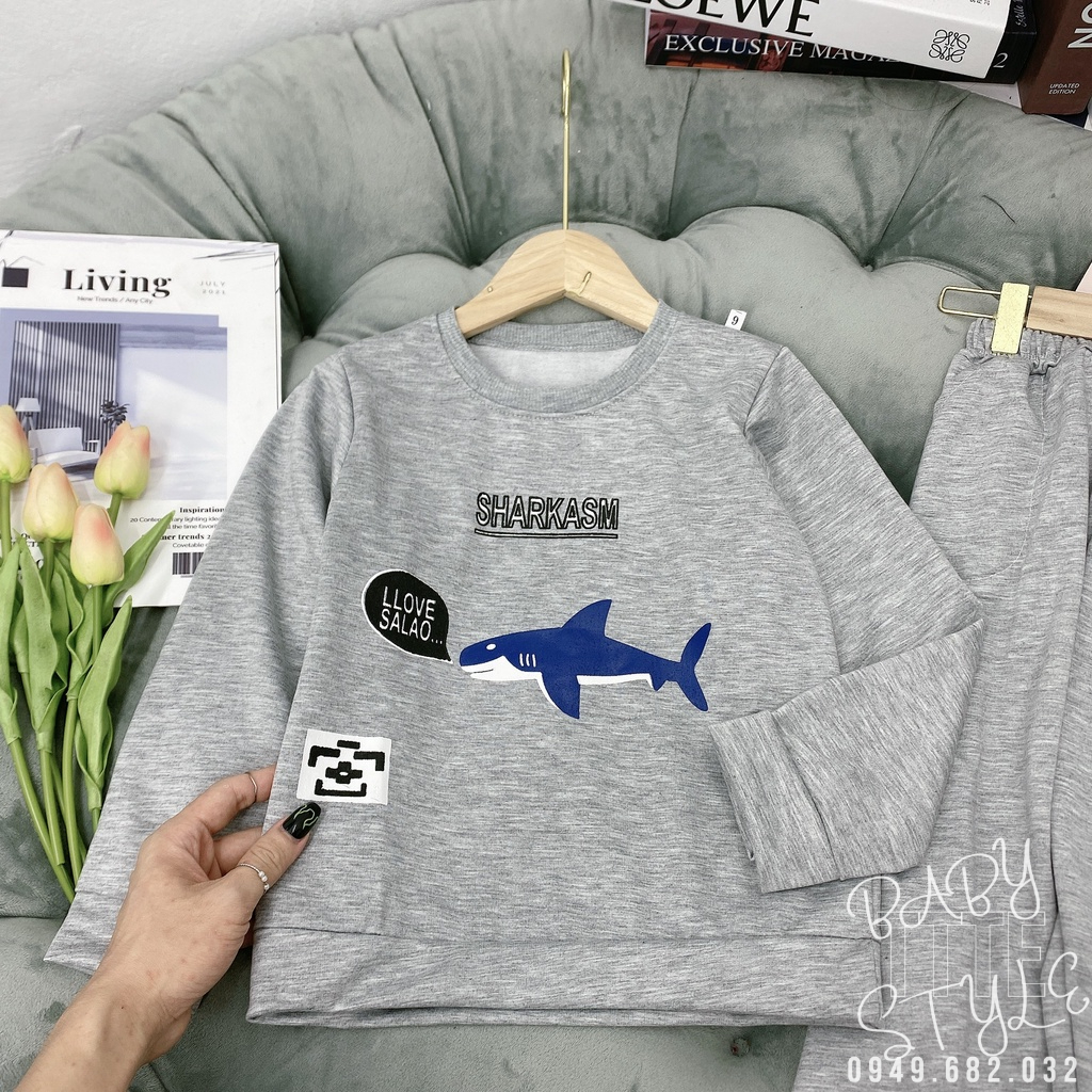 Bộ quần áo thu đông &quot;S.H.A.R.K&quot; 14-48kg cho bé trai từ 4-14 tuổi. Thiết kế đẹp. Hàng may kỹ.