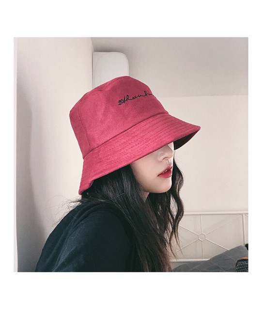 Mũ bucket nam nữ, nón bucket Maruko trơn vàng vintage dệt kim unisex cao cấp phủ nhung đỏ