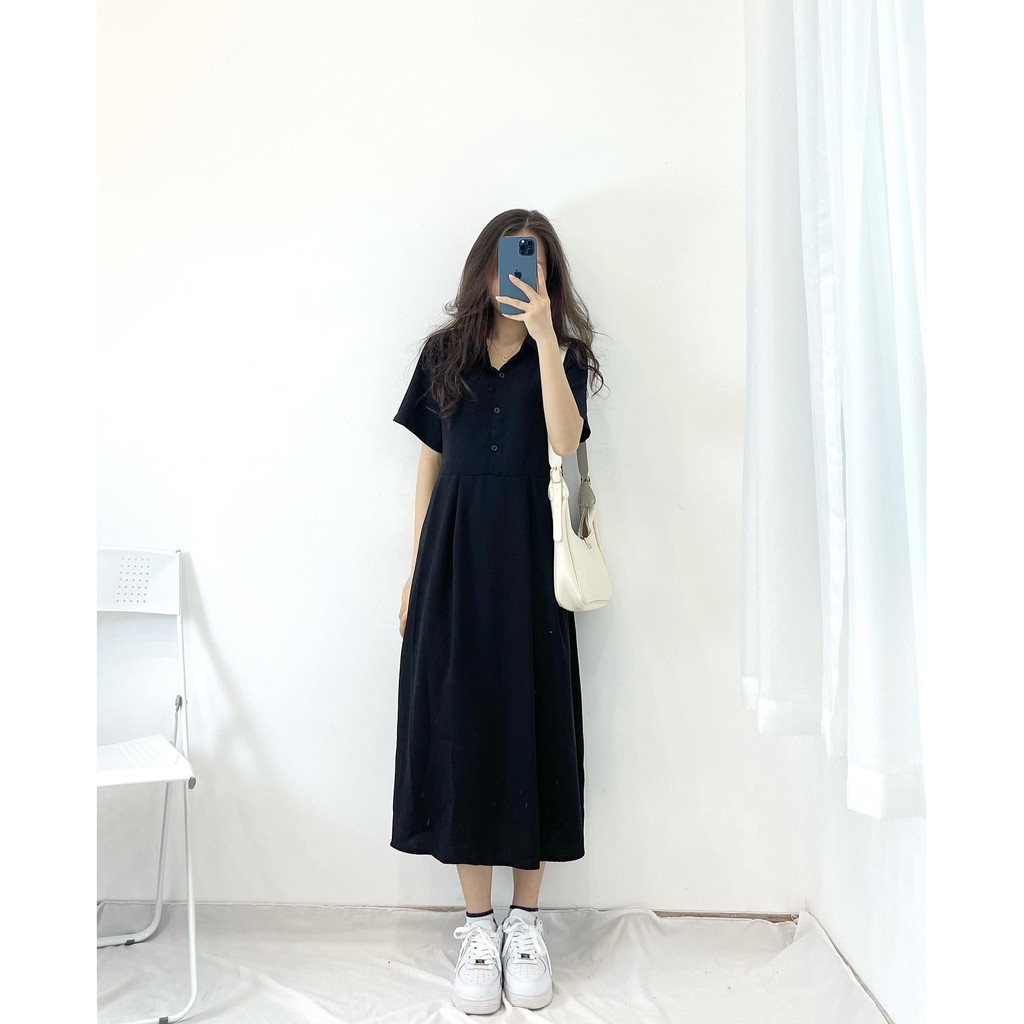 Váy suông dài cổ đức, đầm rộng cổ sơ mi chất đũi không nhăn siêu mềm mát cao cấp- Miho house