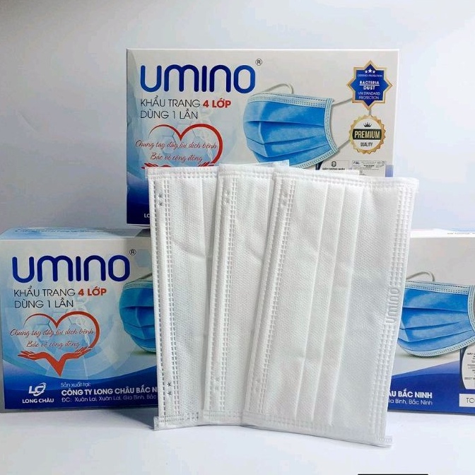 Khẩu trang y tế 4 lớp UMINO màu TRẮNG dày không xù