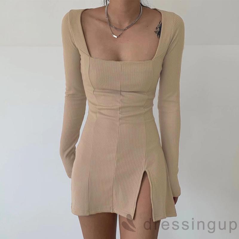 DRESSINGUP-Đầm tay dài cổ vuông màu trơn đơn giản dành cho nữ