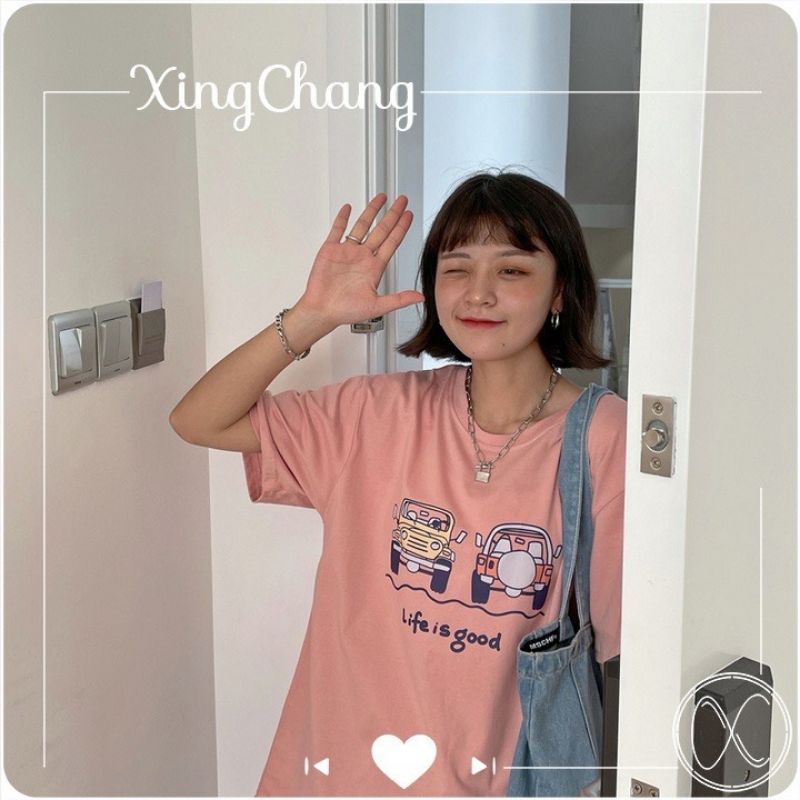 Áo thun tay lỡ unisex xe hơi Life is good