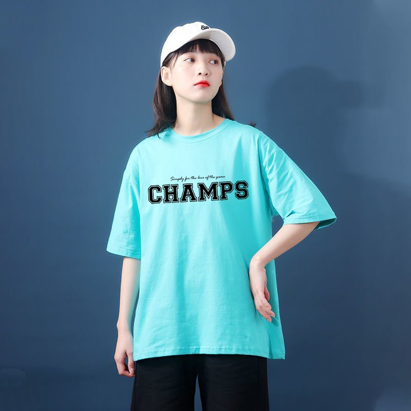 Áo thun nam nữ tay lỡ cổ tròn Champs vải Cotton co giãn, dày dặn, form rộng | BigBuy360 - bigbuy360.vn