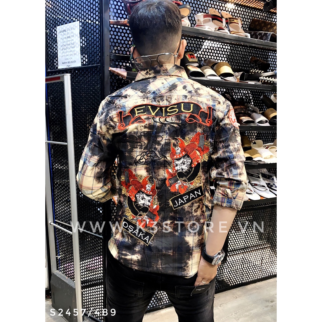 Áo sơ mi tay dài EVISU SAMURAI TET wash loang 2 màu vàng đen thêu full lưng thiết kế local brand K3 STORE