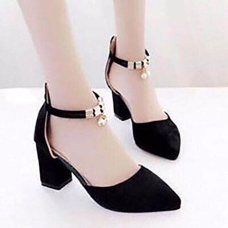 giày gót vuông phối lắc cổ chân