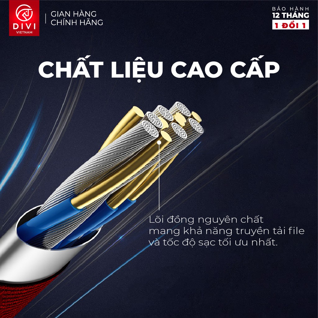 Dây cáp sạc nhanh - DIVI P453 - Sạc nhanh 5A - Đầu cáp vuông góc chống gãy - Hàng chính hãng - Bảo hành 12 tháng 1 đổi 1