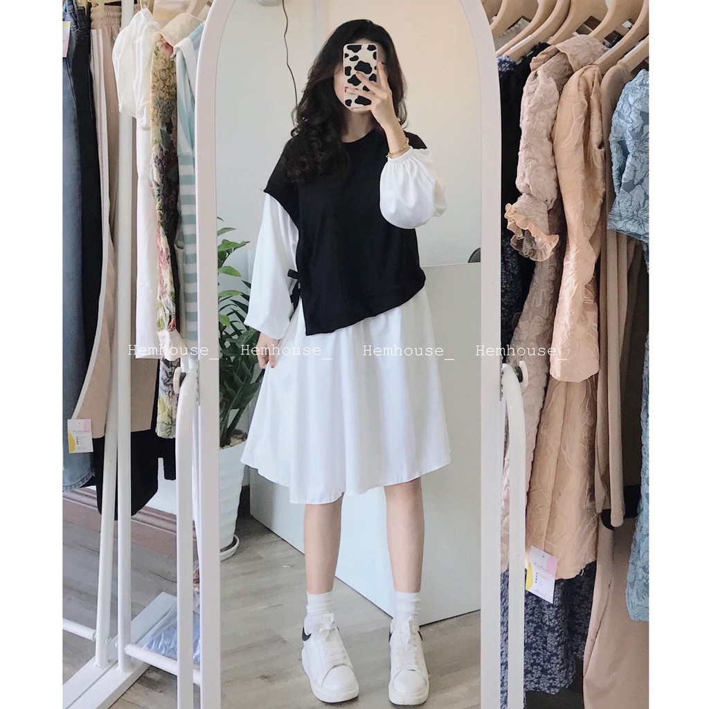 [RẺ VÔ ĐỊCH Váy Babydoll Phối Sơ Mi Thắt Nơ Eo Ulzzang Siêu Hot