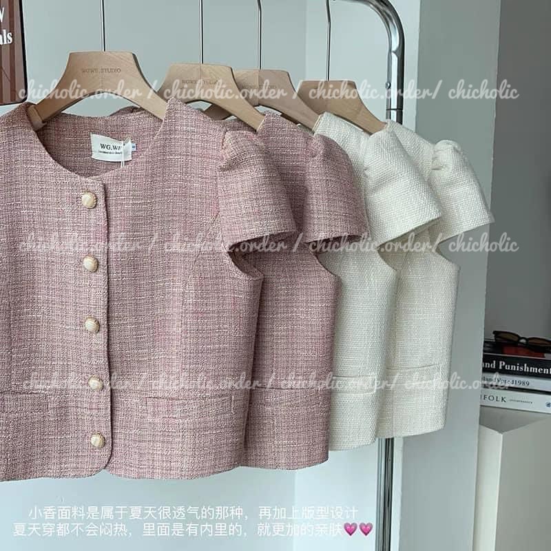 Áo Chất Tweed Màu Hồng/Trắng Cho Nữ 2022 có ảnh thật