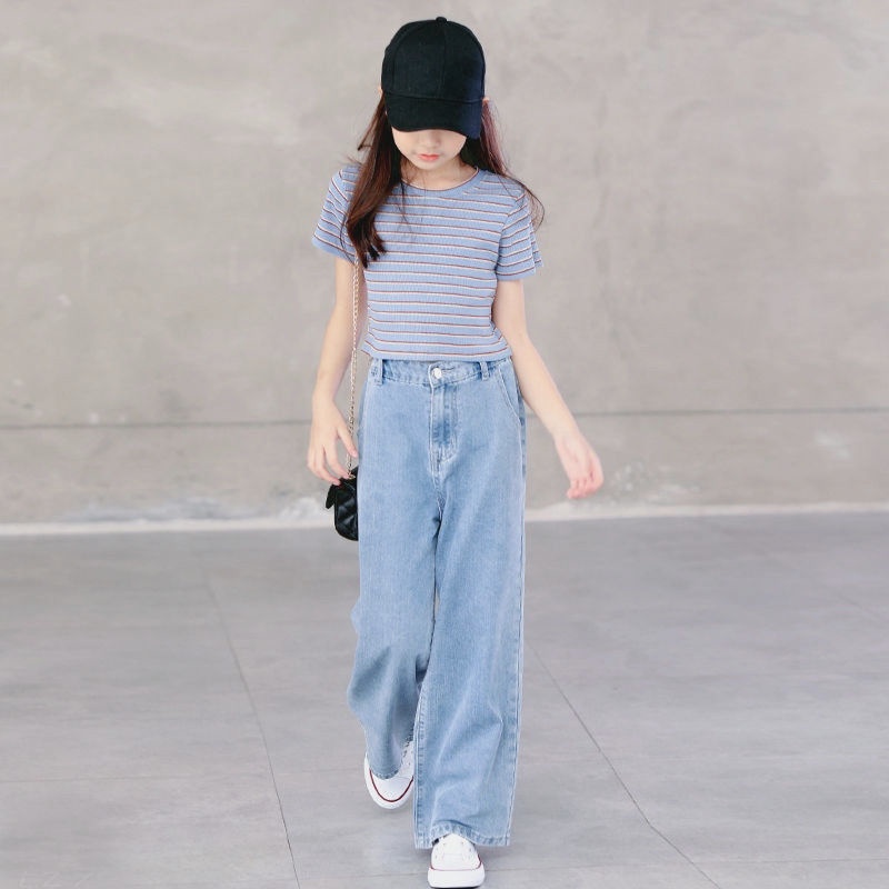 Quần Jean Dài Lưng Cao Ống Rộng Thời Trang Xuân Thu Cho Bé Gái