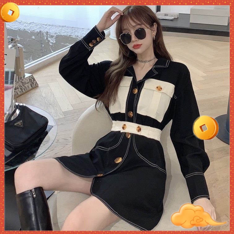 Đầm mỏng cổ vest màu đen phong cách retro Hàn Quốc thời trang thu đông cho nữ 2021