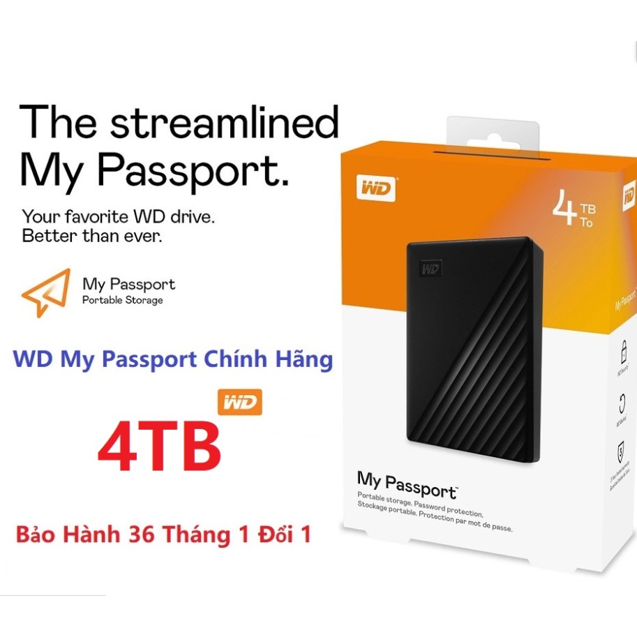 Ổ Cứng Di Động Western 4TB WD My Passport HDD Portable WDBPKJ0040BBK (Bản mới) BH 36 Tháng 1 Đổi 1