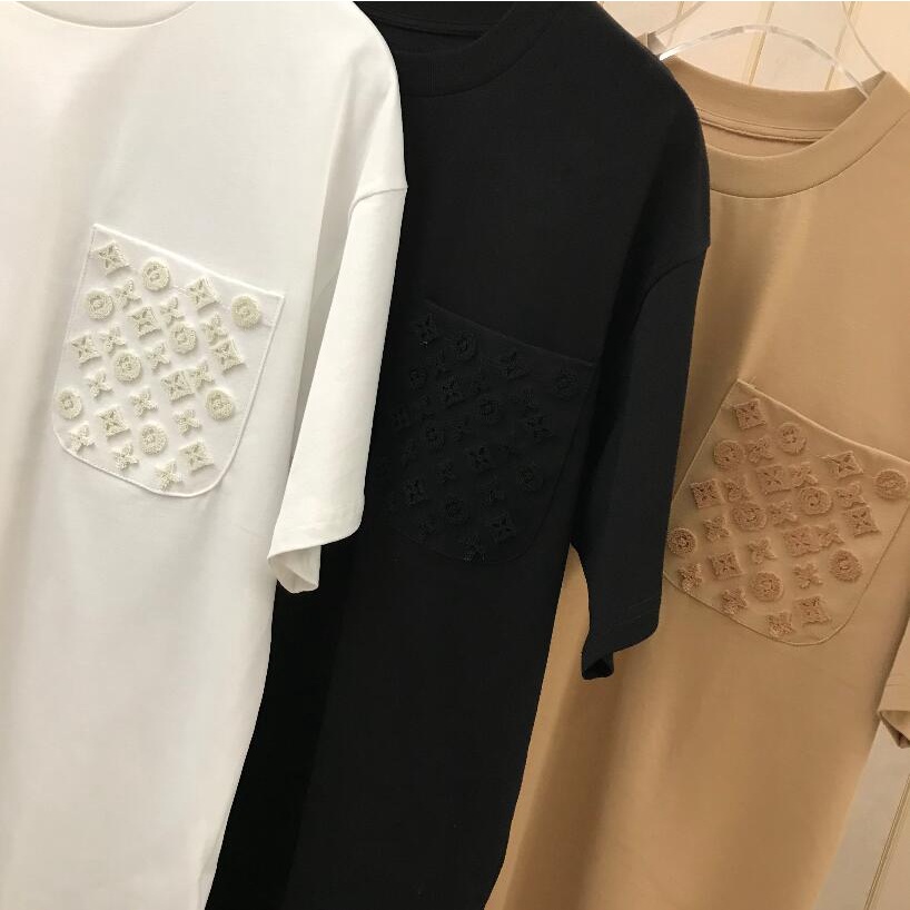 Áo thun có túi thêu hoa văn ngắn tay đơn giản cho unisex