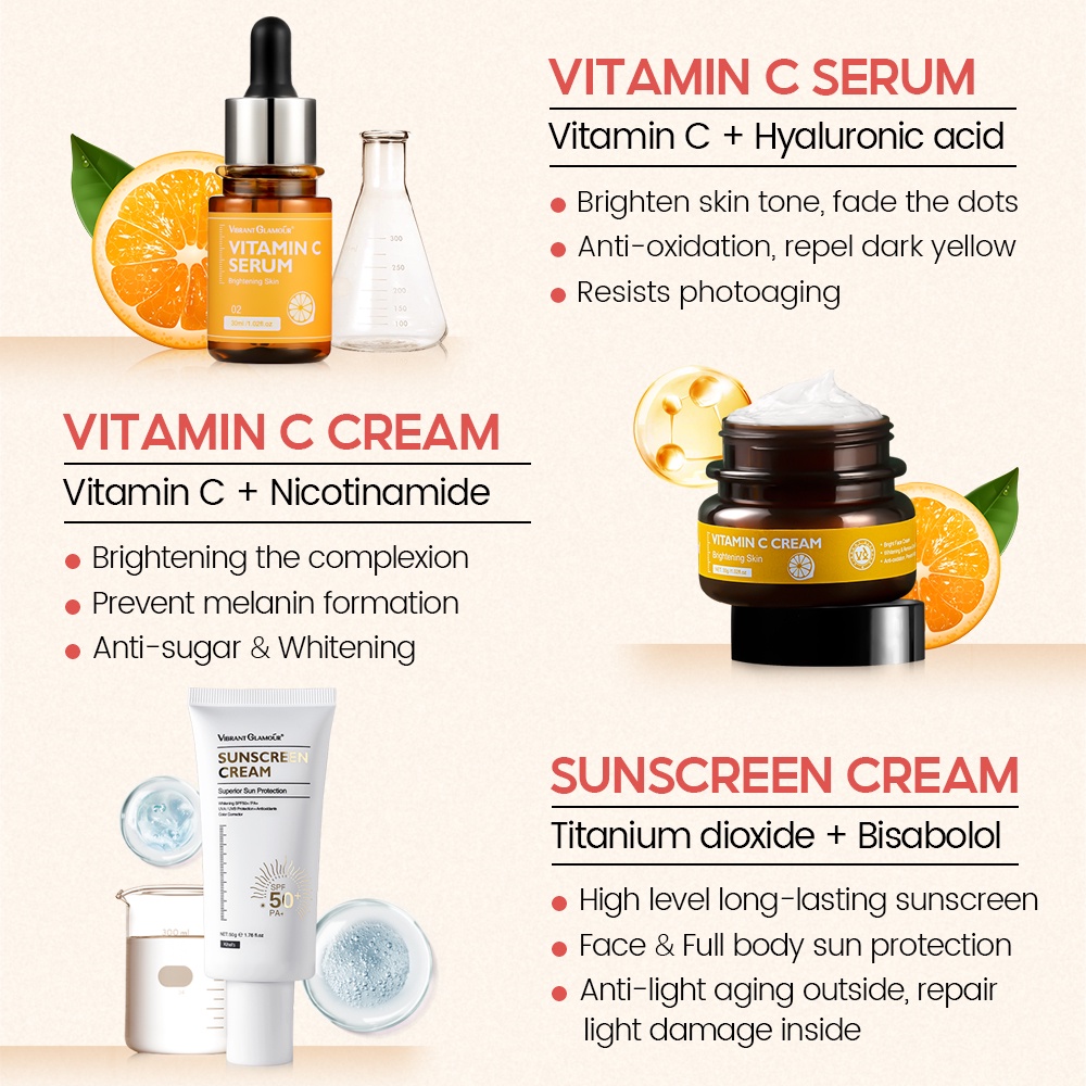 Bộ 3 Món Gồm Serum Vitamin C + Kem Dưỡng Làm Trắng Và Kem Chống Nắng Hiệu VIBRANT GLAMOUR