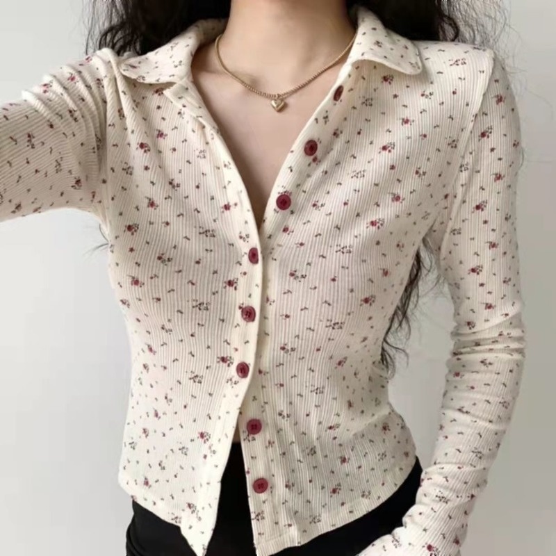 Áo Cardigan Tay Dài Cổ Bẻ Cài Nút In Họa Tiết Hoa Dễ Thương Dành Cho Nữ