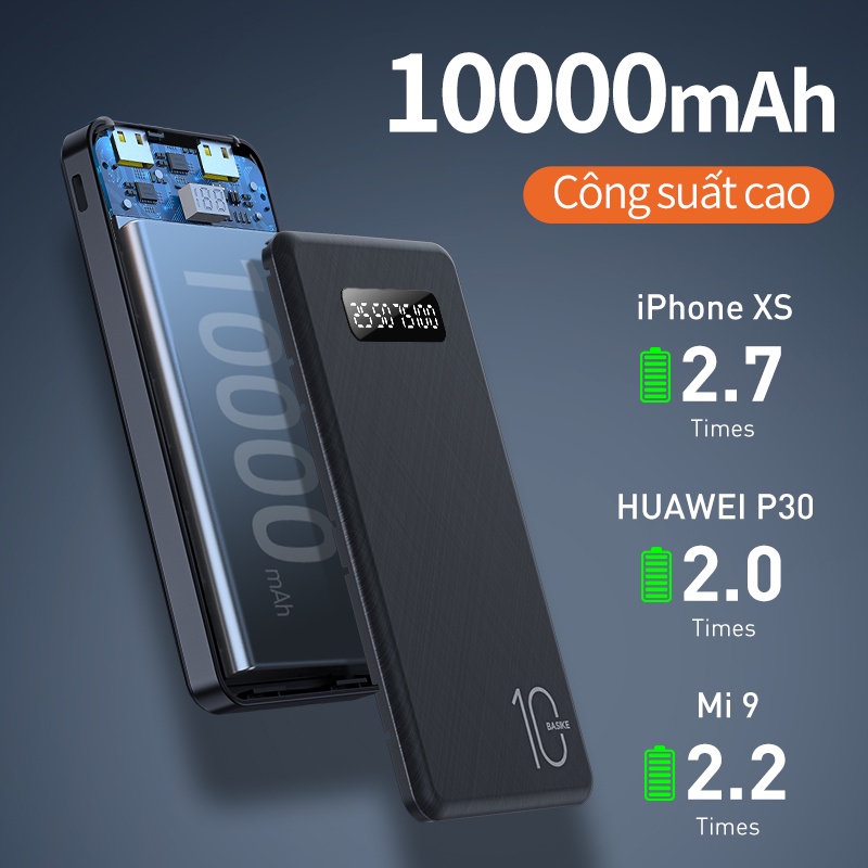 Sạc dự phòng 10000mAh BASIKE PT69P màn hình kỹ thuật số Đèn LED khẩn cấp kèm theo cáp sạc Với 1 năm bảo hành