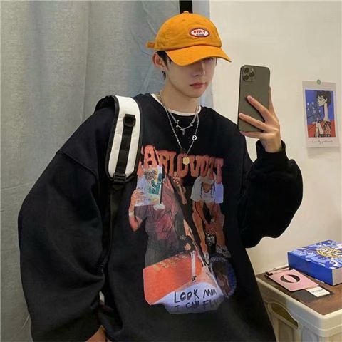 Áo sweater tay dài cổ tròn dáng rộng in họa tiết hoạt hình phong cách đường phố Hàn Quốc thời trang cho nam size M-5XL