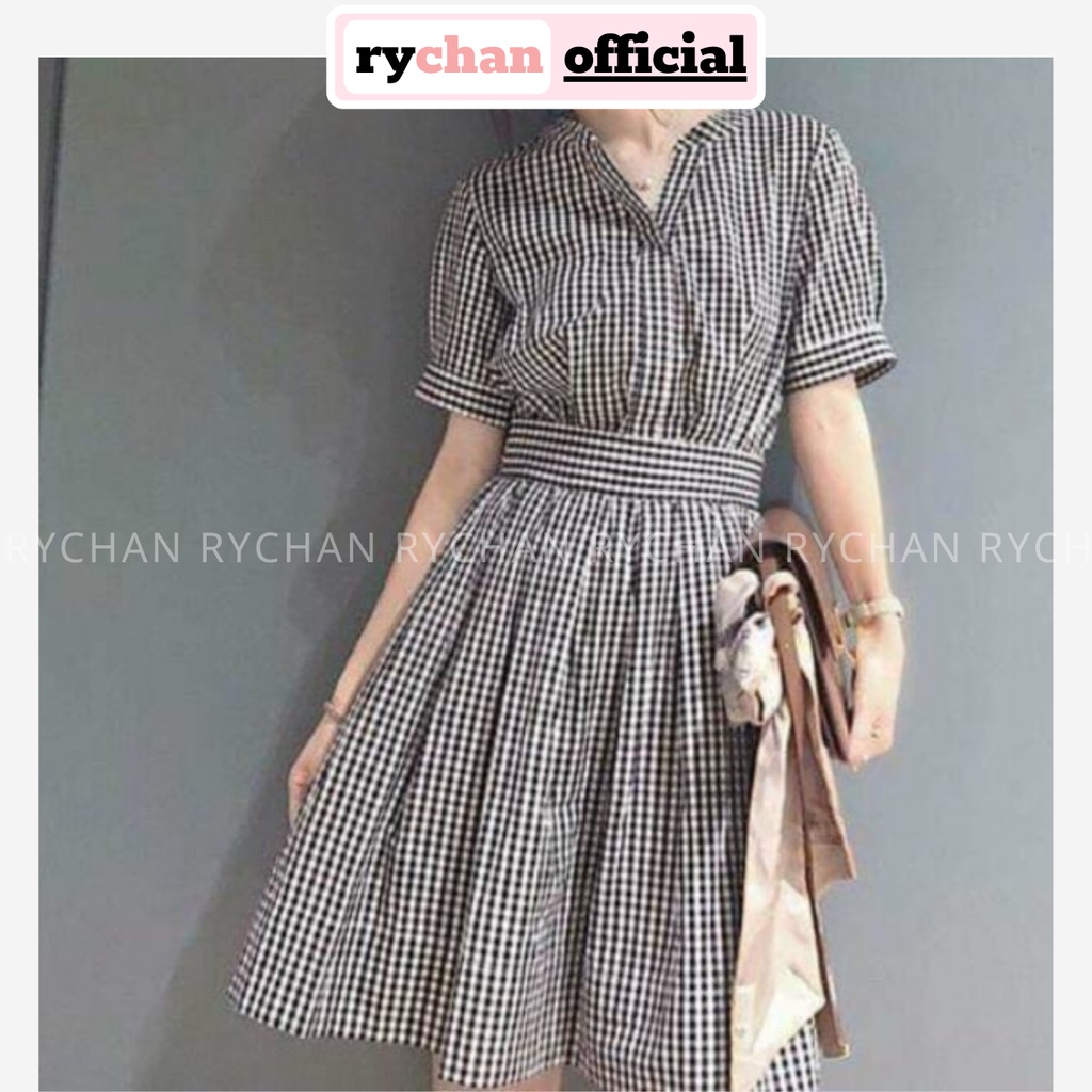 DX636 - Đầm Xòe Caro Cổ Trụ Cột Eo