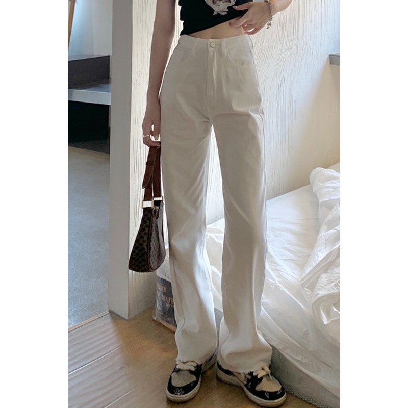 |T02| QUẦN JEANS TRẮNG ỐNG SUÔNG CẠP CAO HÁCH CHÂN HÀN QUỐC