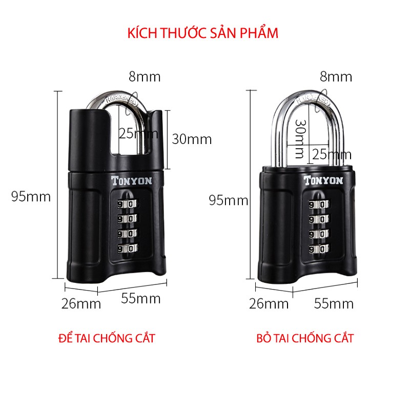 Khóa số chống cắt chống trộm loại 4 mã số, móc khóa thép cứng D8cm, vỏ hợp kim kẽm mạ không gỉ TY25011