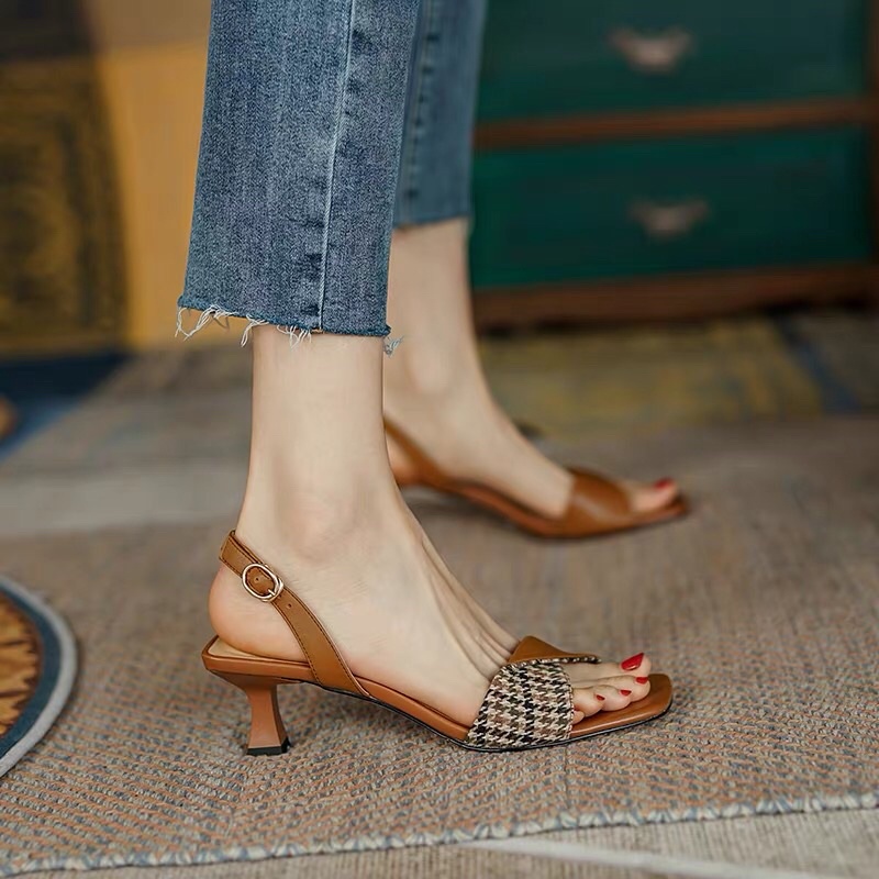 Giày công sở nữ gót thấp dáng cổ điển sọc Tweed tinh tế_cao 4cm có đệm chân mềm